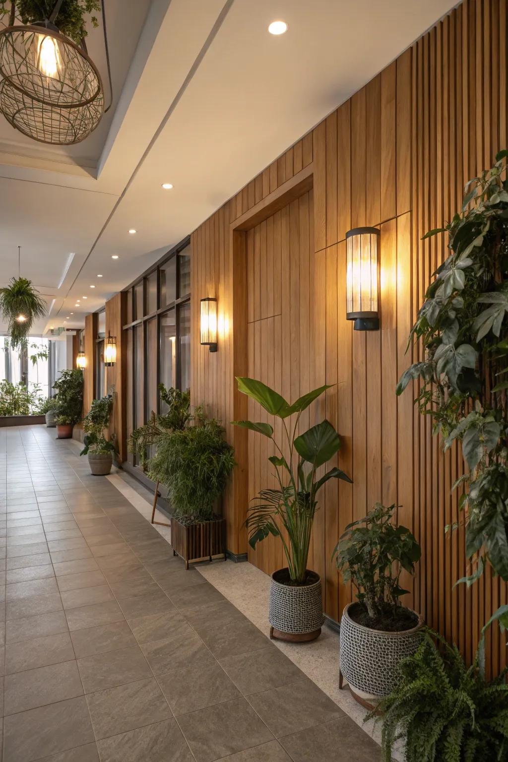 Wooden wall lights providing natural appeal to the workspace.