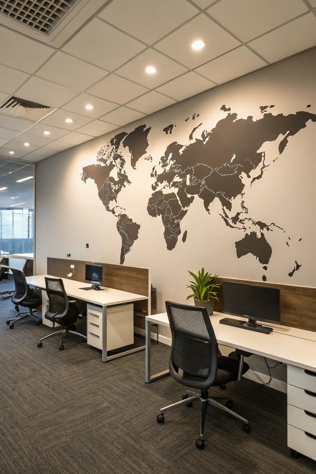 A decorative map inspires travel and exploration within the office.