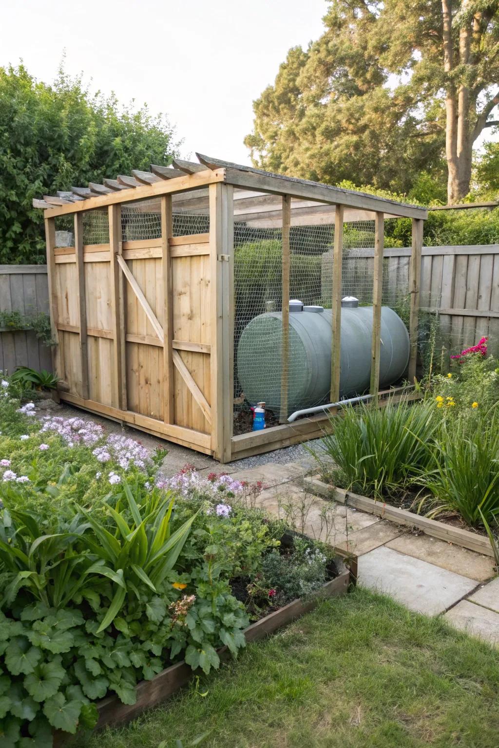 A handcrafted wooden casing seamlessly incorporating an oil container into the garden.