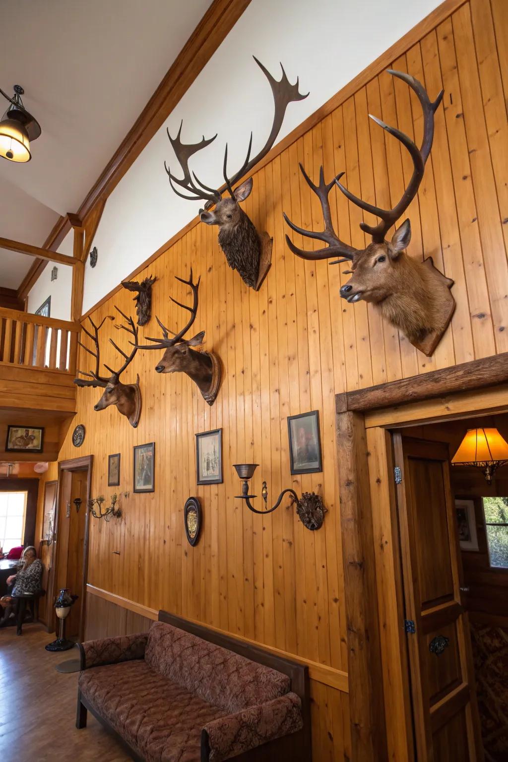 A hunting cabin wall enhanced with mounted antlers and hunting displays.