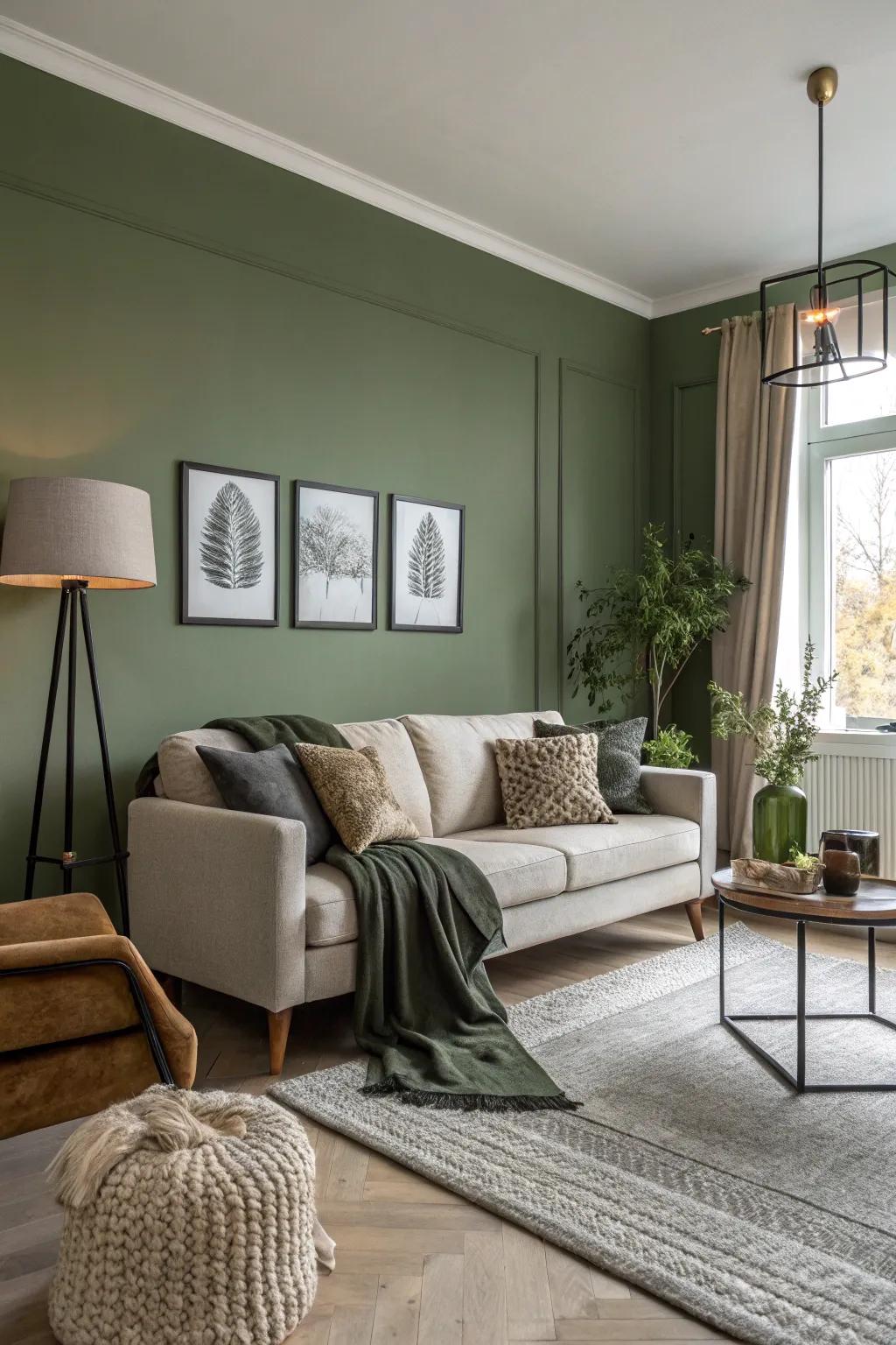 The union of modern and cozy components pairs perfectly with verdant olive walls.