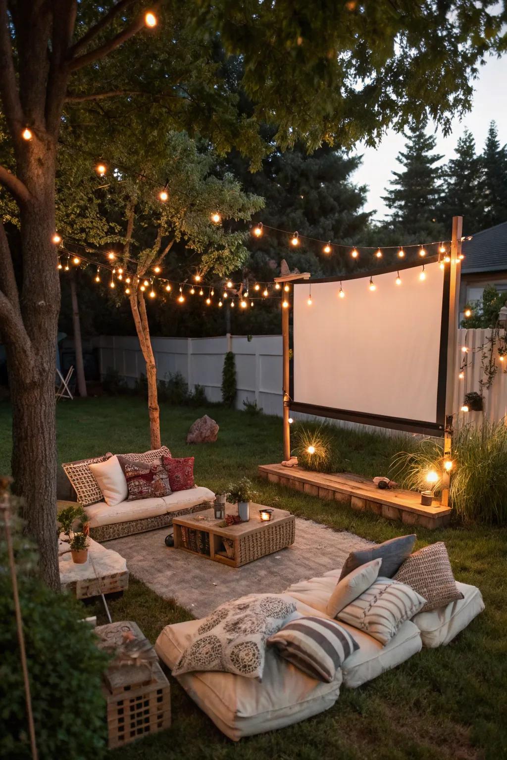 A bewitching backyard changed into a movie viewing space beneath the stars.