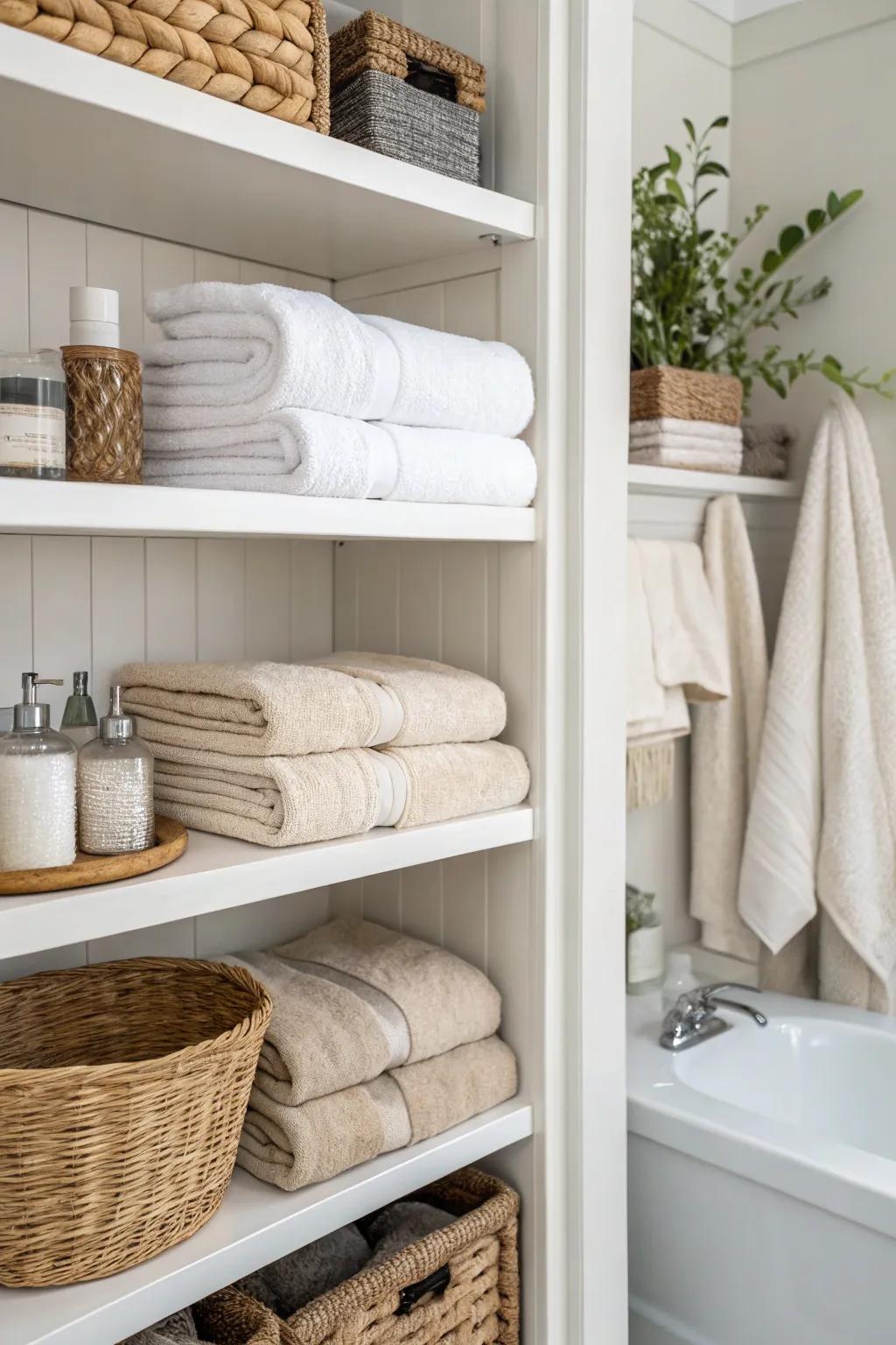 Precisely folded towels evoke a spa-like sense in open linen closets.