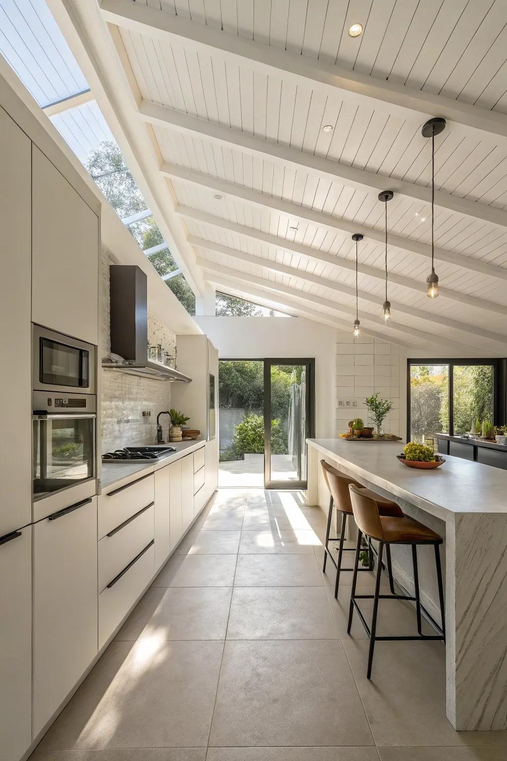 A bright and ventilated kitchen space with a white ceiling emphasizing an open atmosphere.