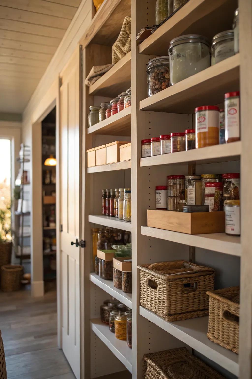 Tall shelves maximize storage space in an open pantry.