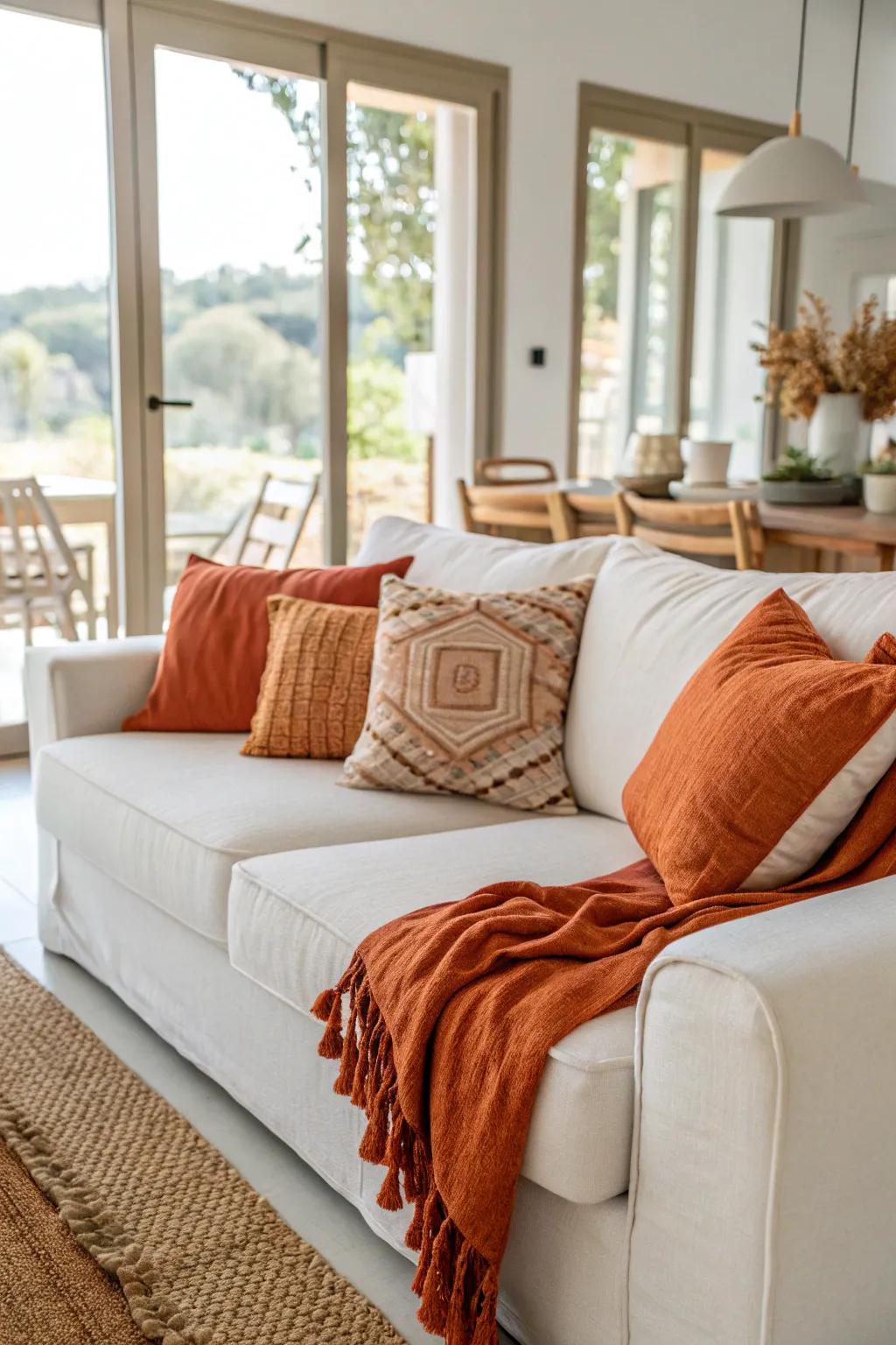 Tangerine textiles inject a pop of color and coziness to a ivory daybed.