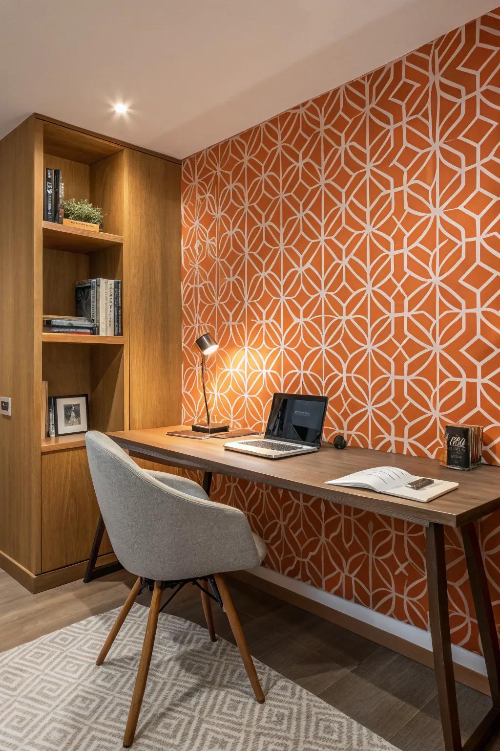 A study filled with tangerine geometric forms that infuse a lighthearted touch.