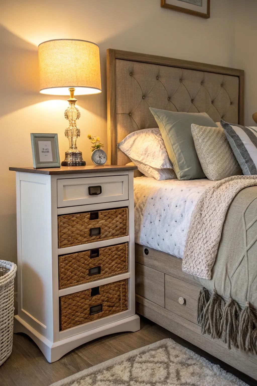 Maintain organized essentials with a spacious bedside table.