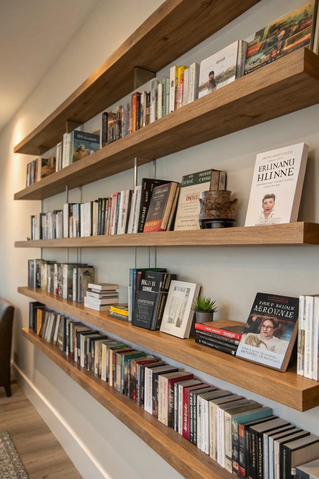 Floating shelves enhance depth and intrigue in a book display