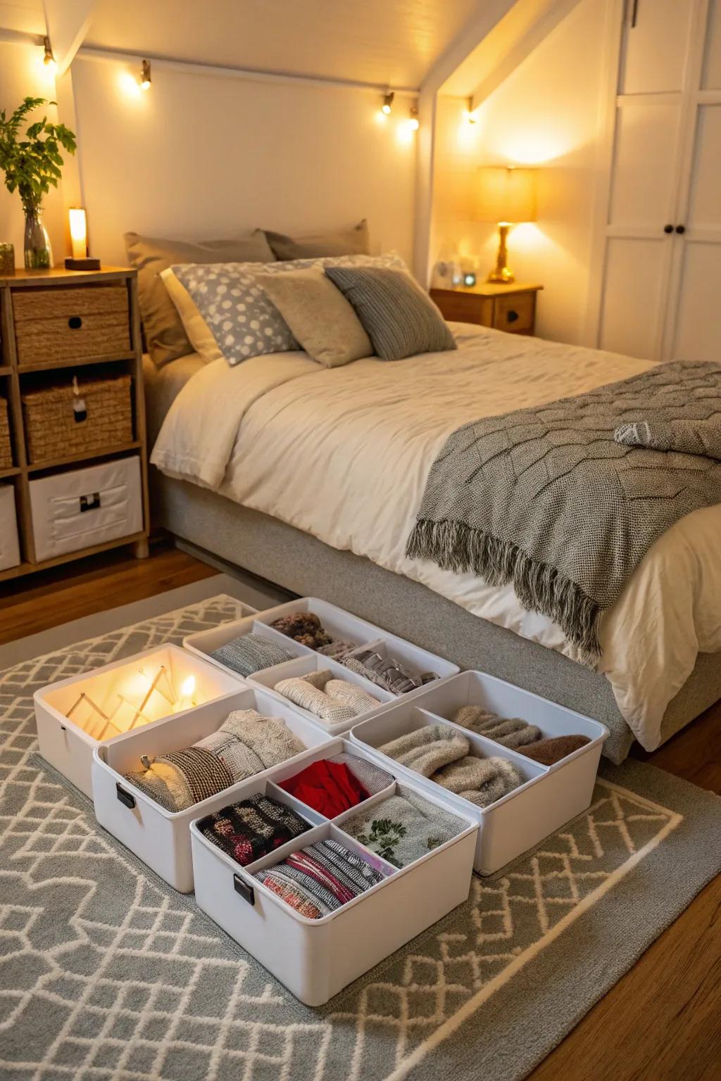 Use the space under your bed for storage that&rsquo;s out of sight.
