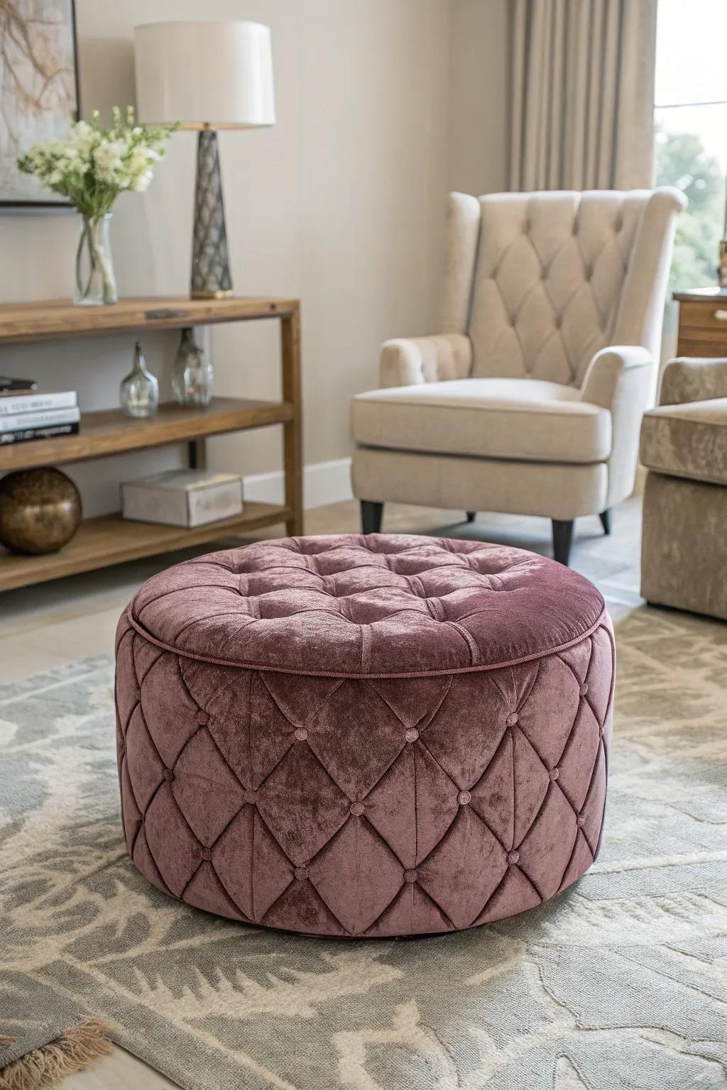 A velvet ottoman serving as a striking accent piece.