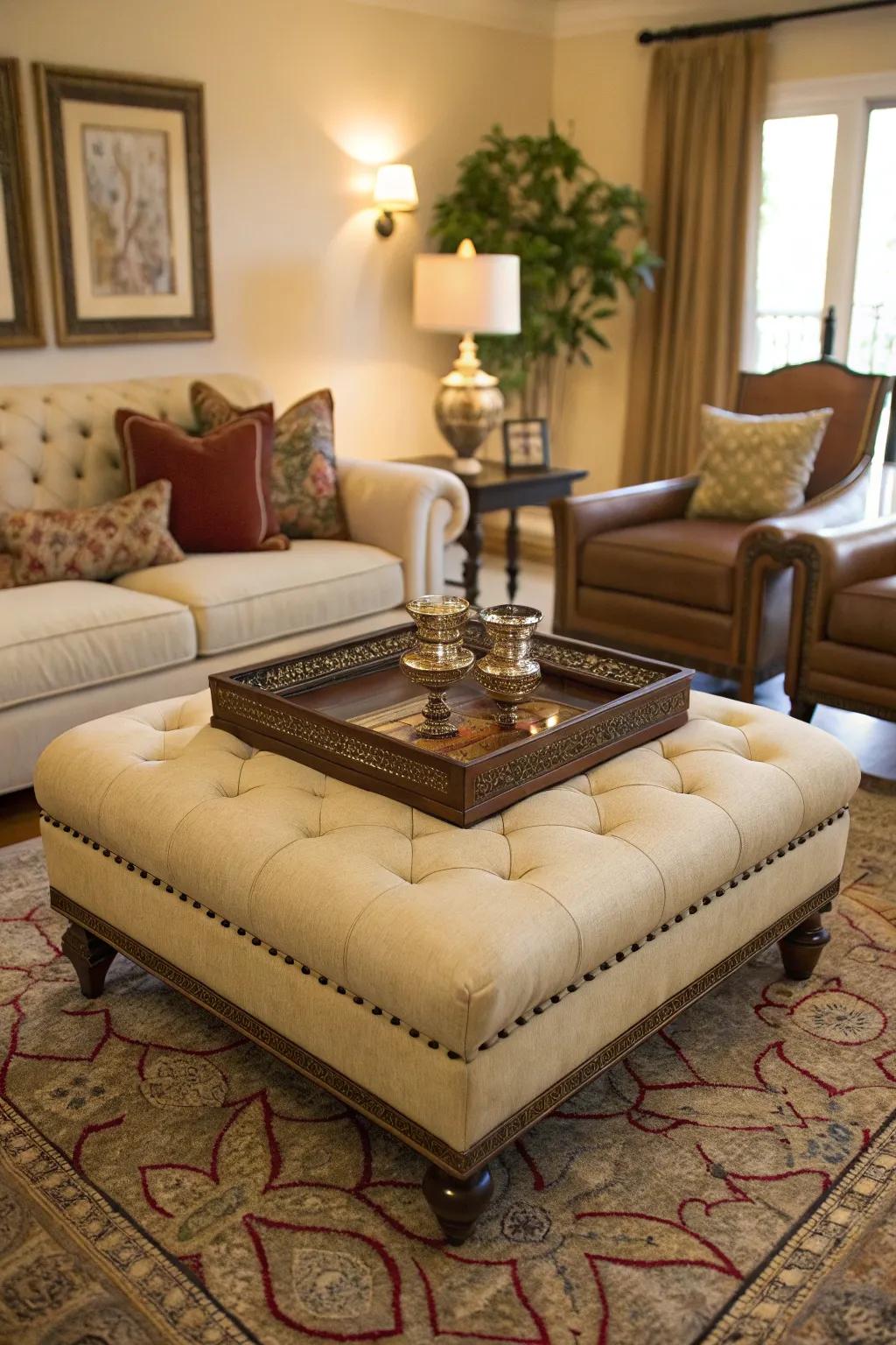 A flexible ottoman serves as a coffee table with a decorative tray.