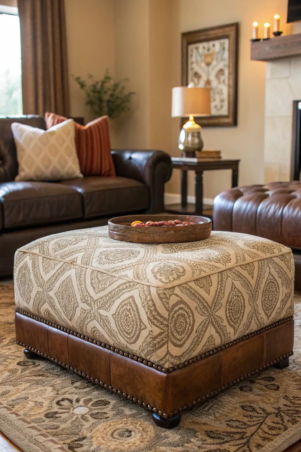 Integrating different textures with a fabric footrest alongside leather features.