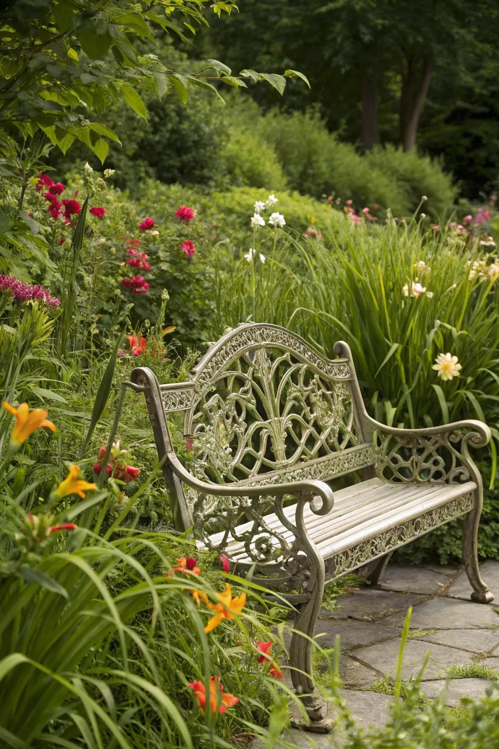 Ornate metal bench, a stunning focus within a thriving garden.