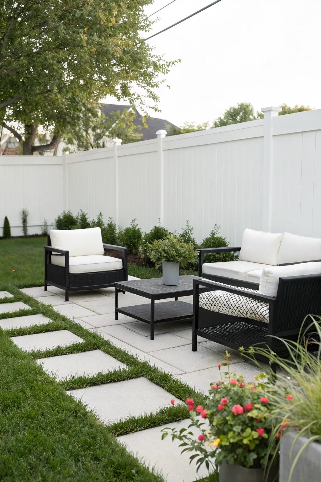 A minimalist patio showcasing sleek black and white furnishings for an immaculate look.