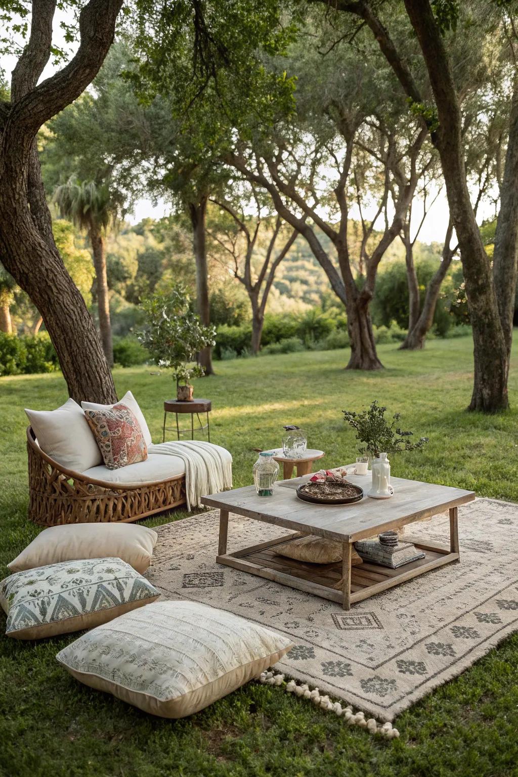 An appealing outdoor living quarter nestled beneath a canopy of trees.