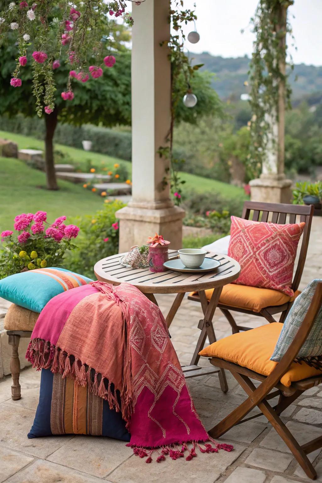 Incorporate textiles to bring warmth and character to your garden seating.