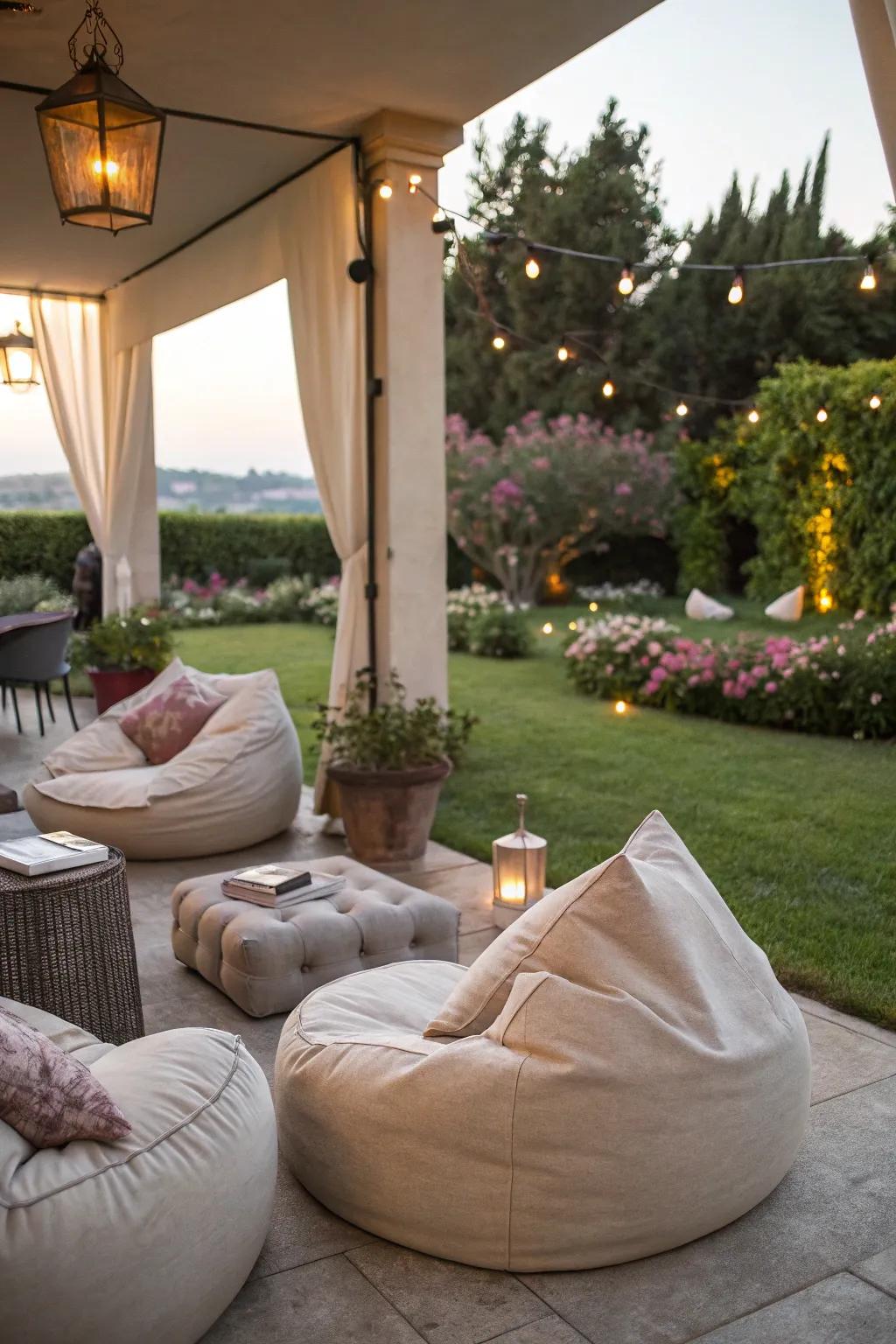 An inviting outdoor seating area featuring comfortable furniture.
