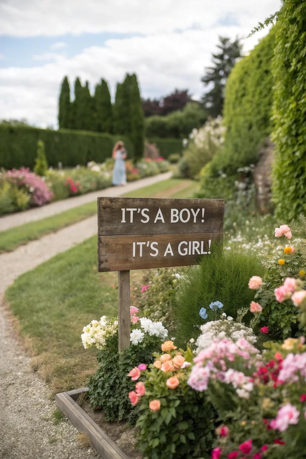 A customized garden sign adds a sincere detail to the unveiling.