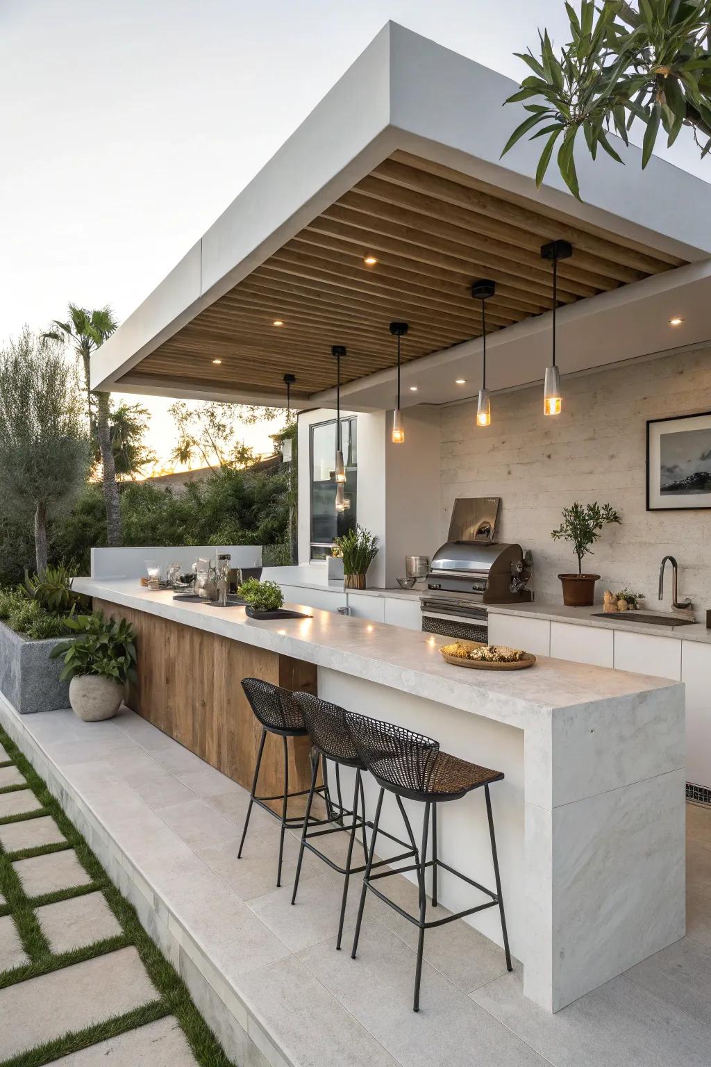 A minimalist outdoor kitchen with a floating bar countertop.