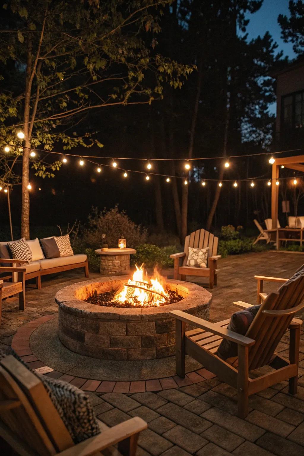 Form a cozy gathering spot centered around a brightly lit fire pit.