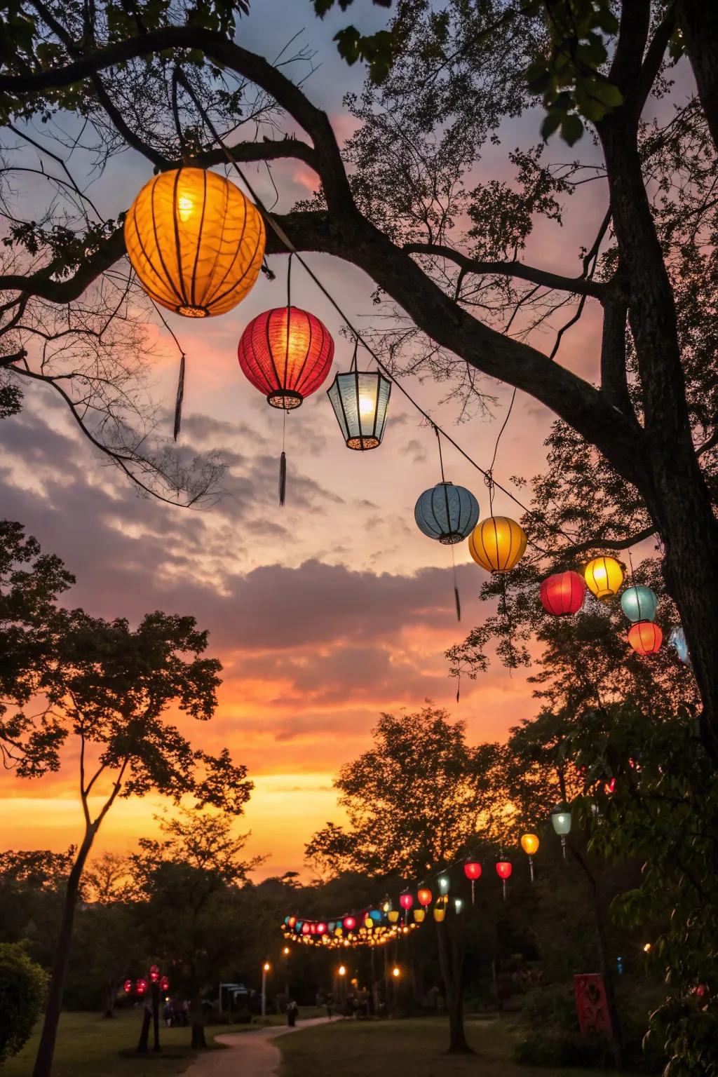 Hanging lanterns cast an enchanting radiance over any park setting.