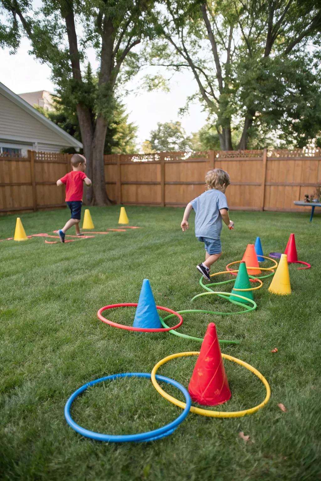 A handcrafted challenge circuit poised for action within a garden.