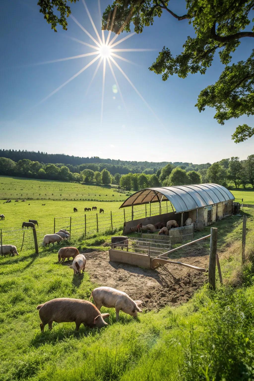 An expansive enclosure presenting pigs the freedom to roam and discover.