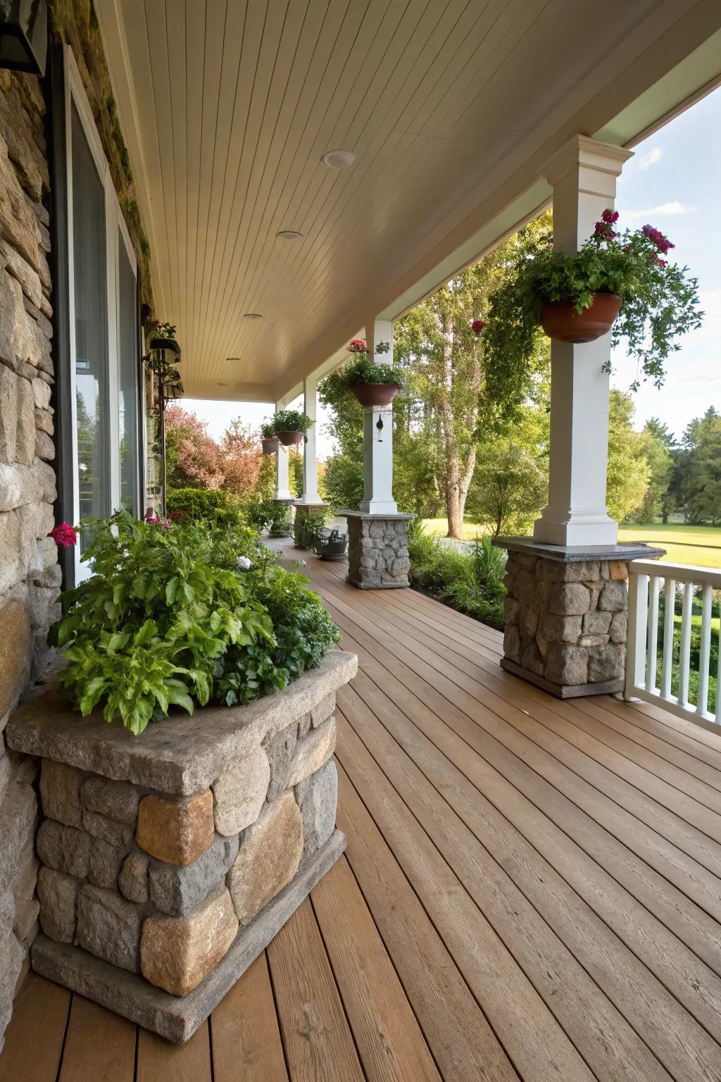 Timber and stone elements foster a harmonious connection with nature on this porch.