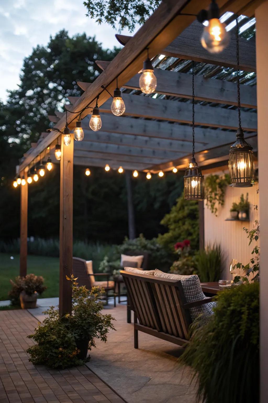 Craft enchanting overhead lighting with suspended solar lights.