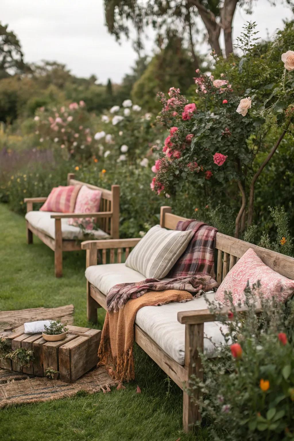 Country-style seating featuring cushions and throws enhances comfort and beauty.