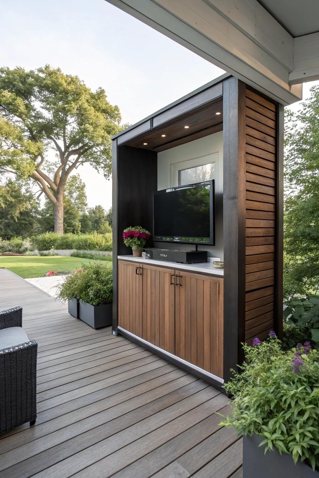 A protective cabinet maintains the safety and style of your outdoor TV.