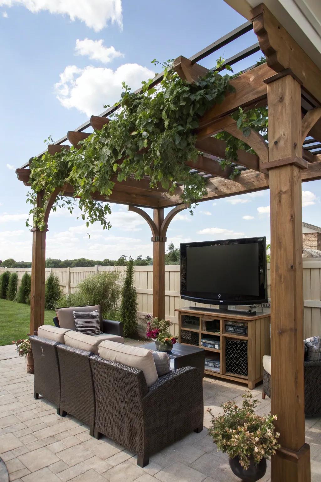 A covered patio safeguards your outdoor TV arrangement from weather-related disturbances.
