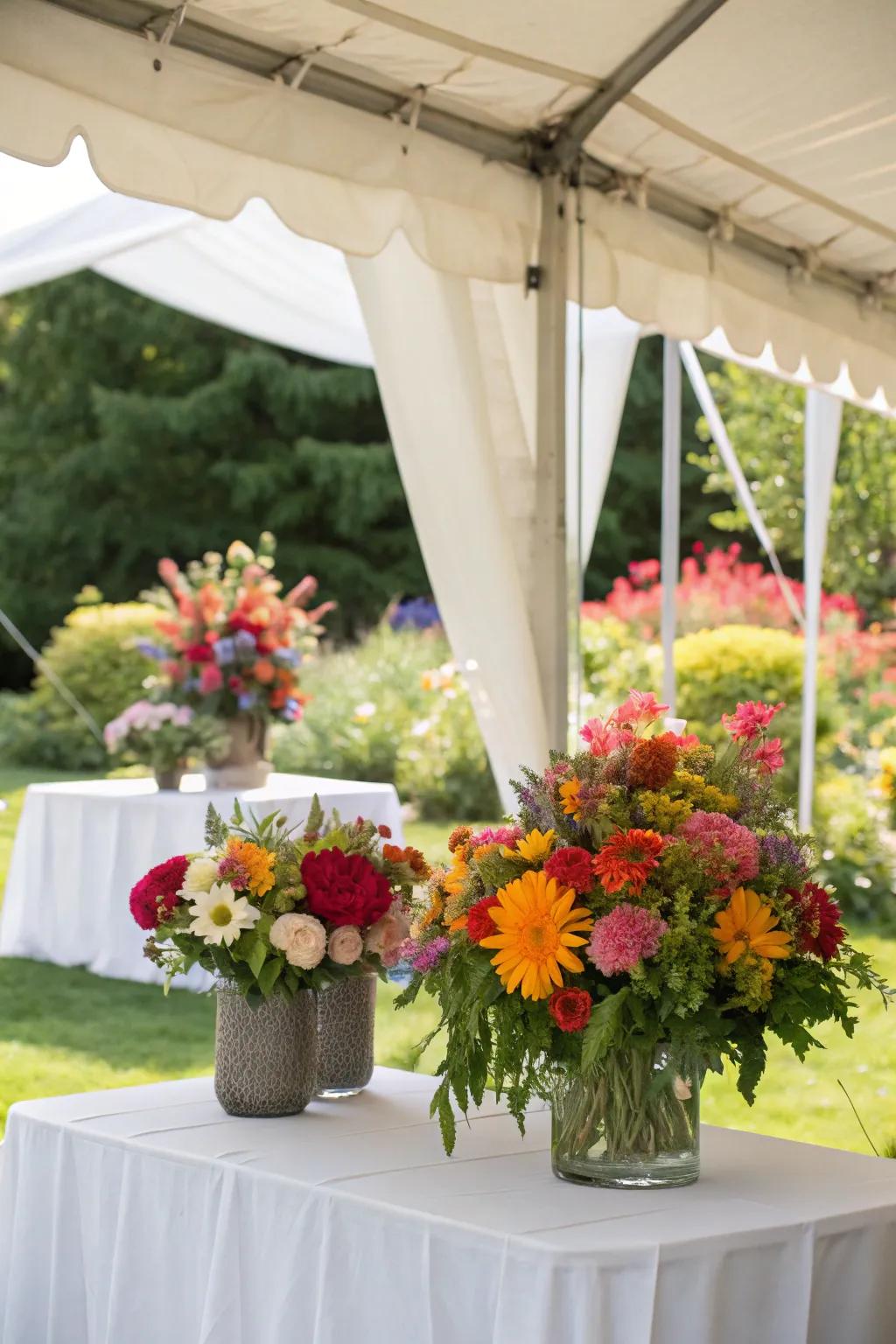 Flower arrangements bring nature's beauty into the tent.