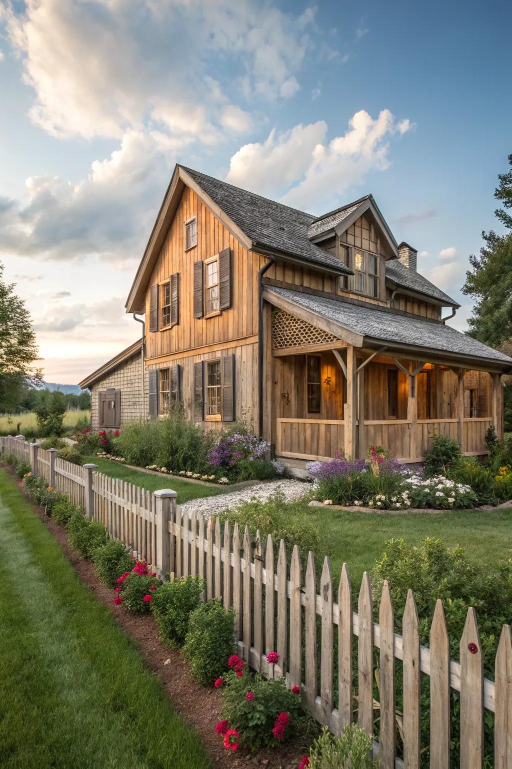 Country-inspired home featuring rustic board and batten shutters.