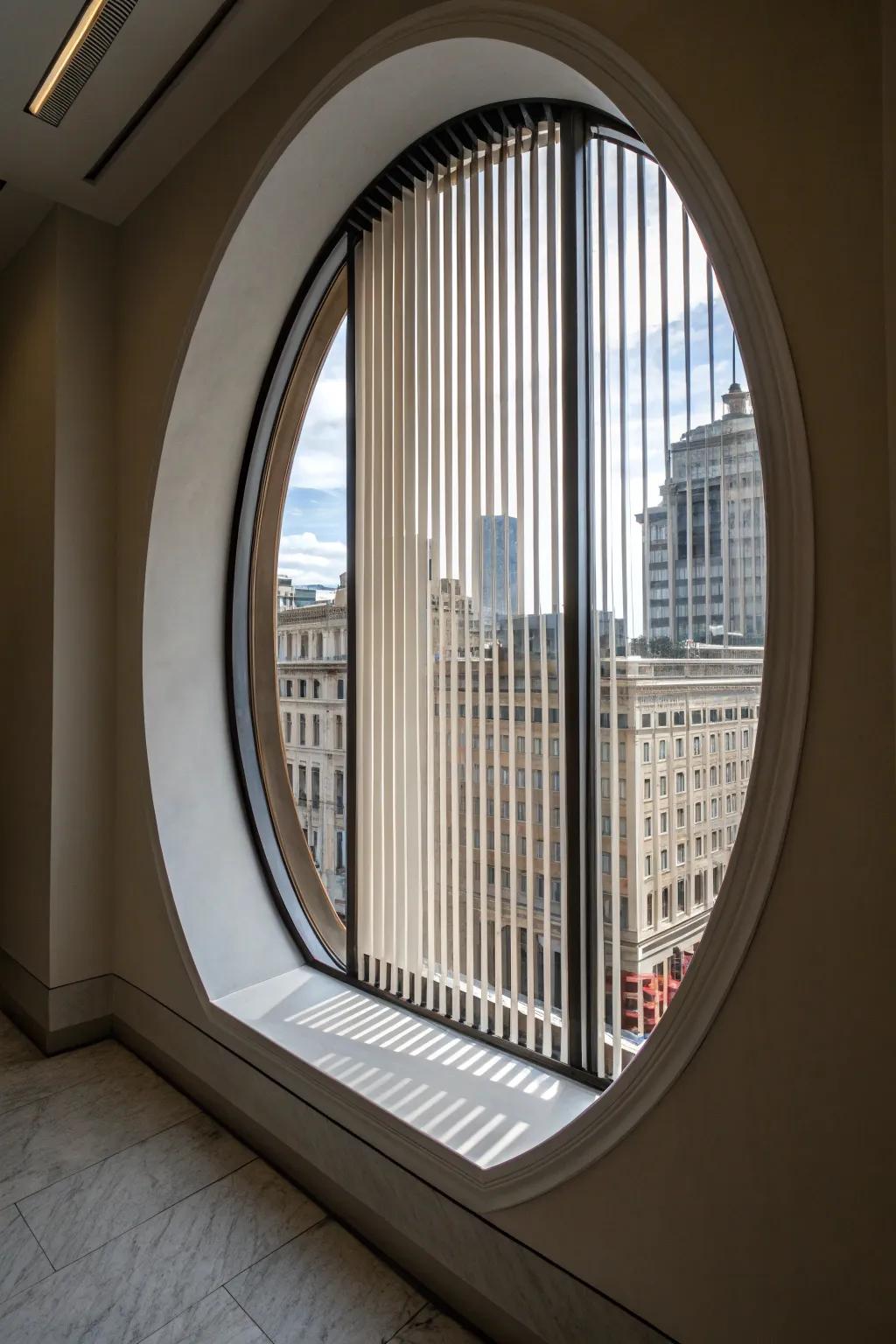 Upright blinds offer an artistic twist for oval windows.