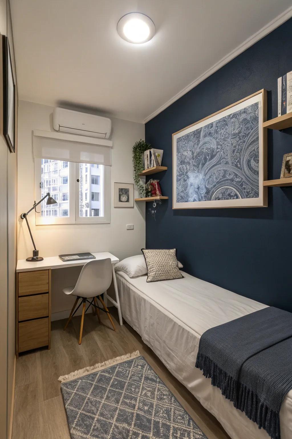 An arresting emphasis wall in a rich color can contribute dimension and fascination to a small area.