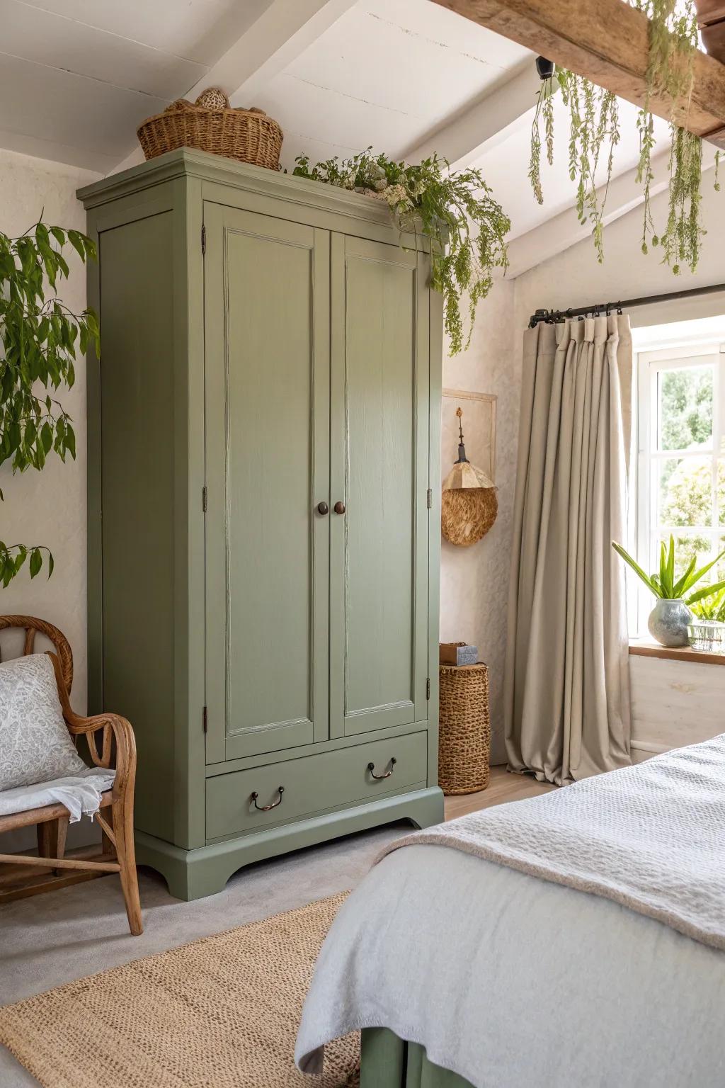 A natural hued armoire imparts a serene ambiance to your personal space.
