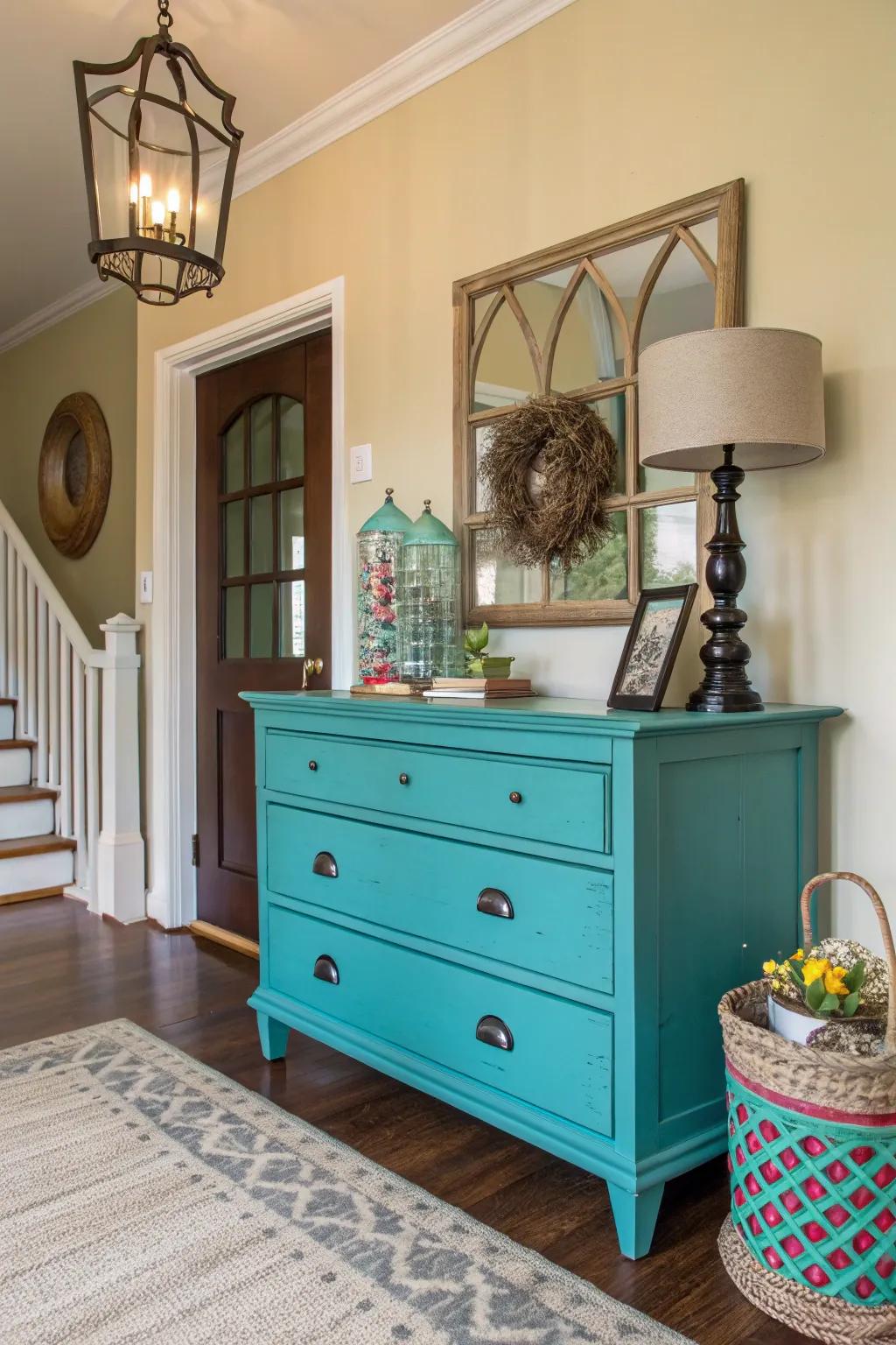 A striking cyan-painted chest makes a bold entryway statement.