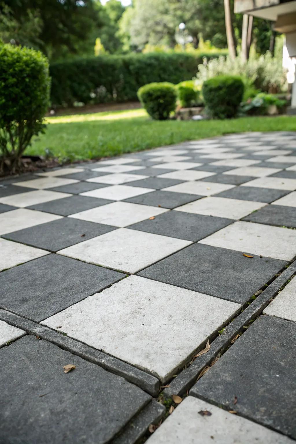 An ageless monochrome checkerboard patio arrangement.