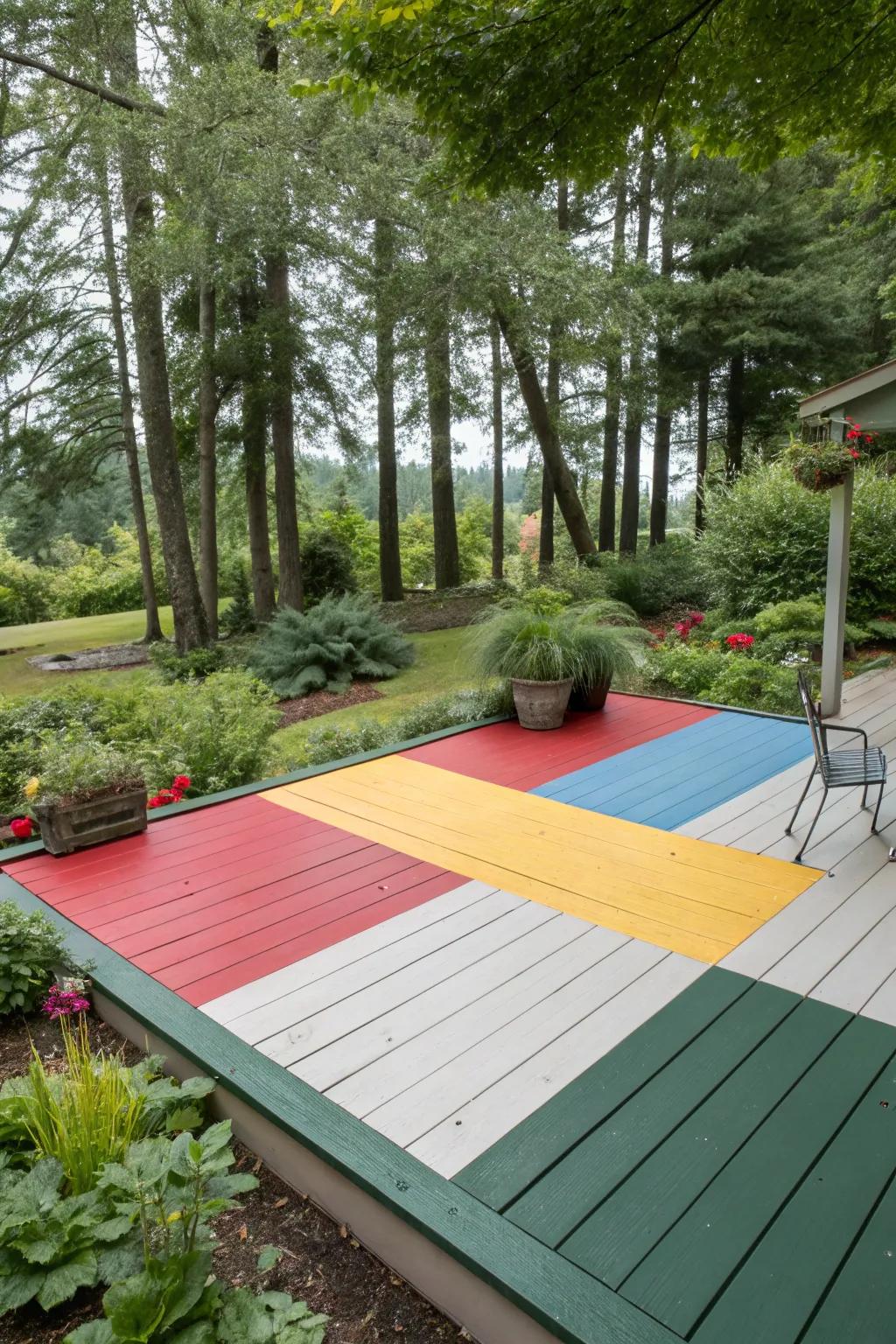 A patio showcasing striking color combinations, producing a lively and vibrant outdoor setting.