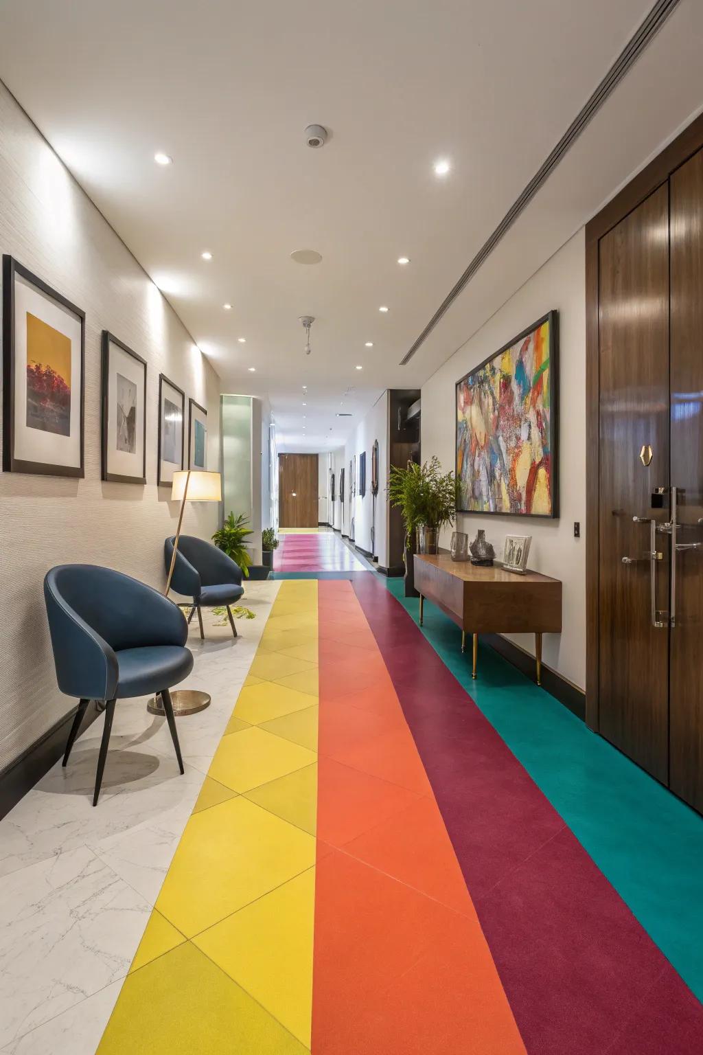 A hallway transformed by solid color painted floors, displaying vibrant shades and contemporary decor.