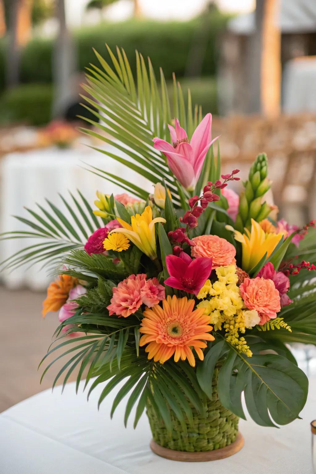 A vibrant assortment of tropical flowers and fronds.