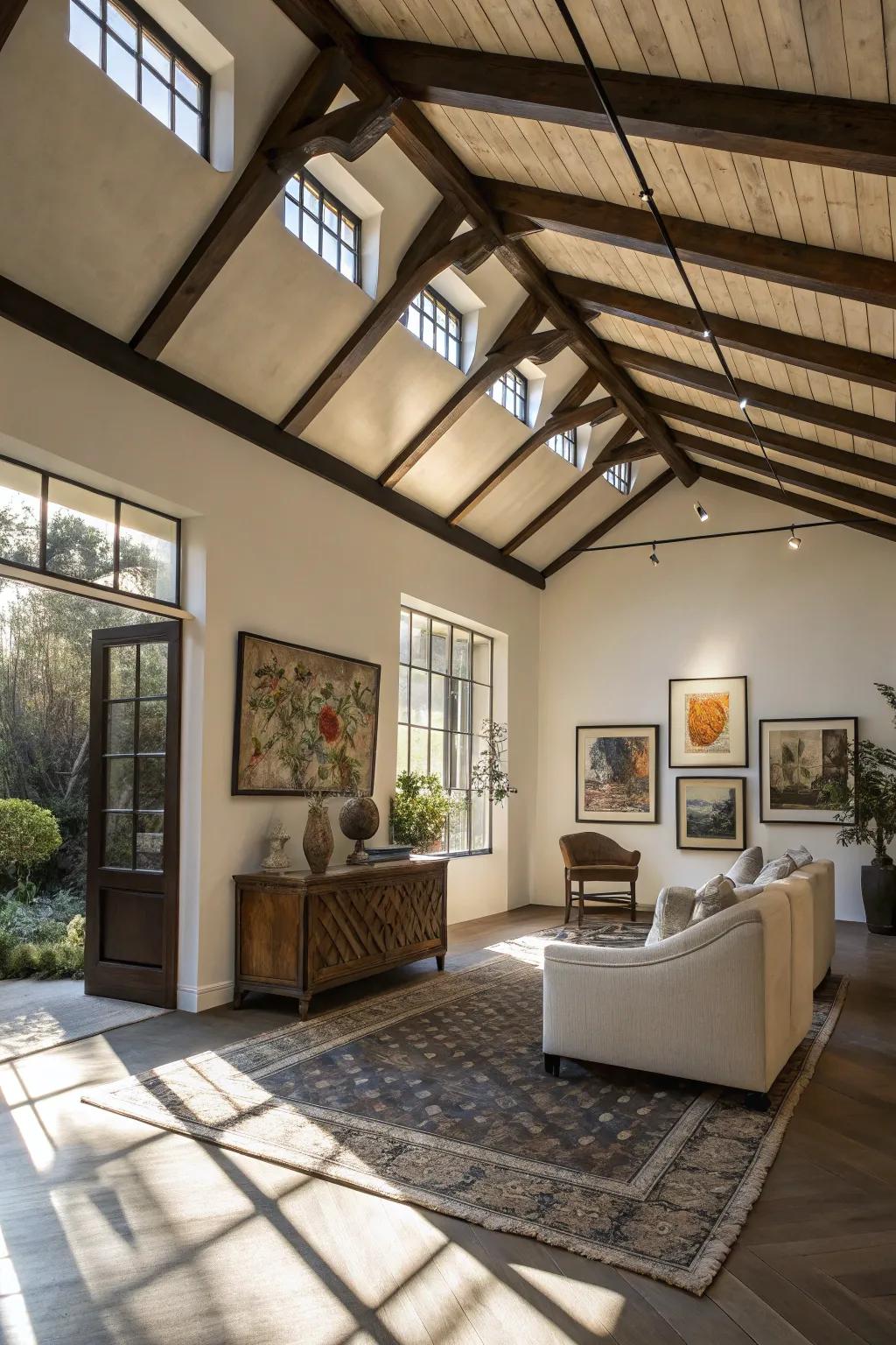 Raftered ceilings append profundity and texture.