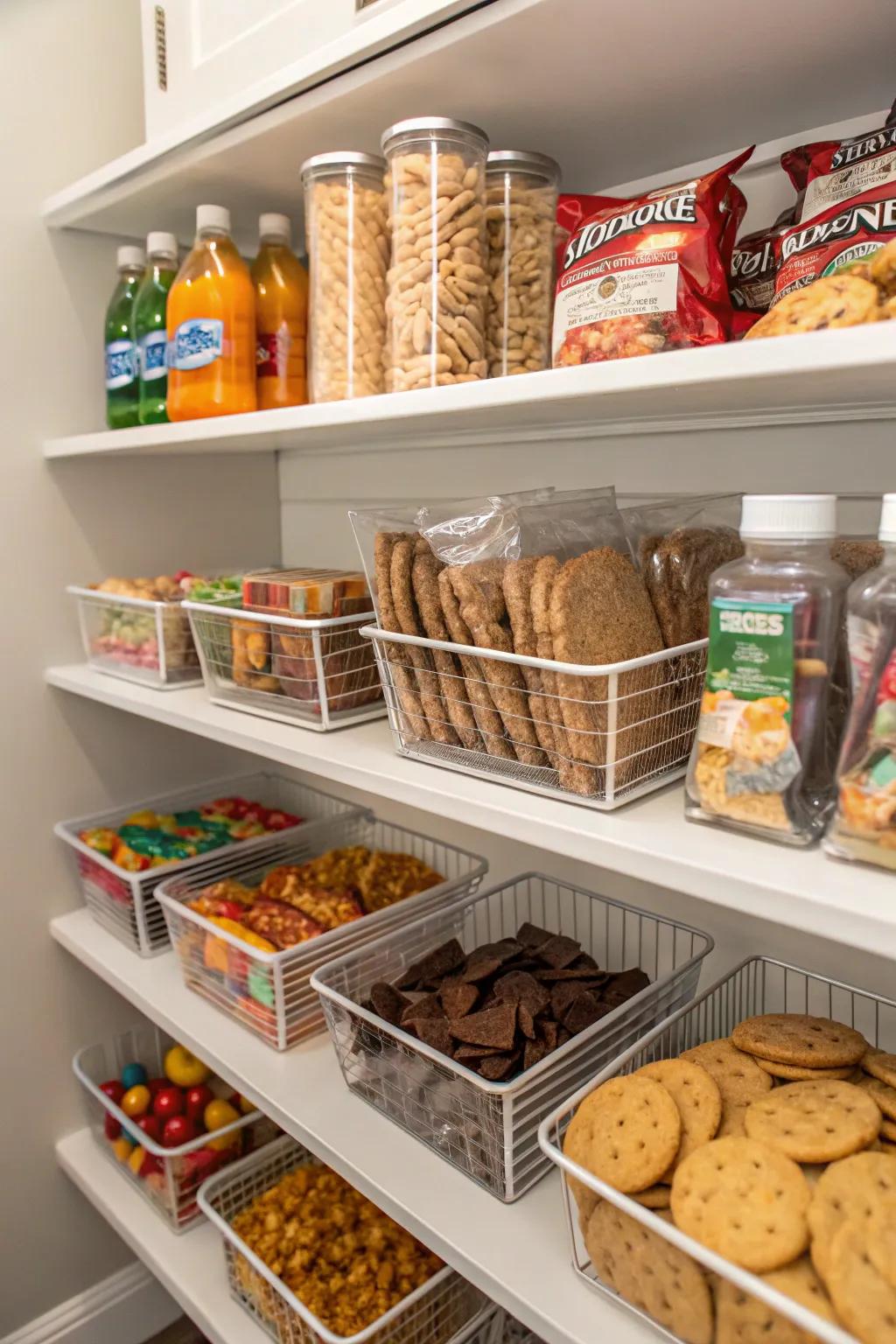 Staggered shelving elevates visibility and accessibility to all your preferred snacks.