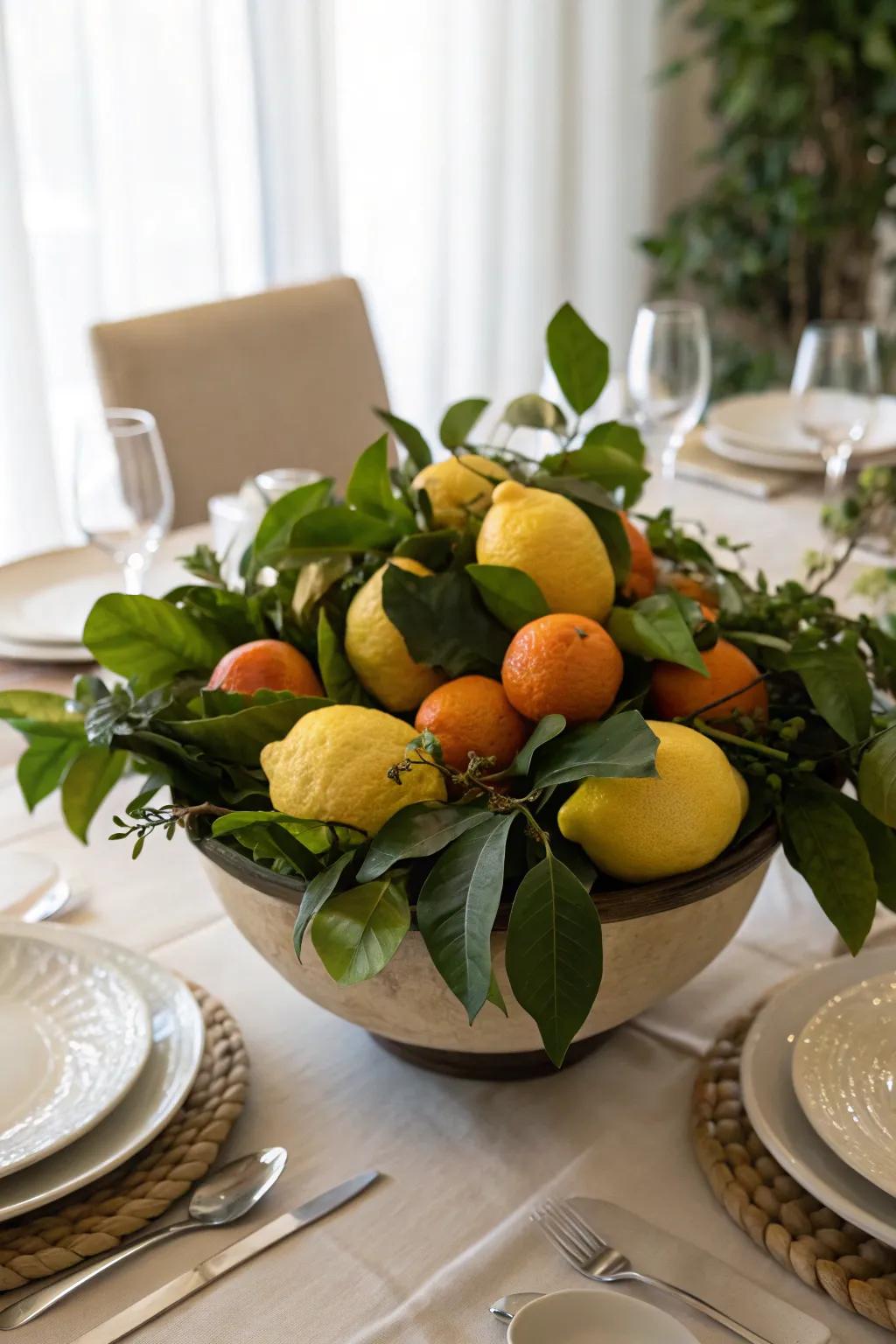 A refreshing fruit centerpiece enhanced with citrus and greenery.