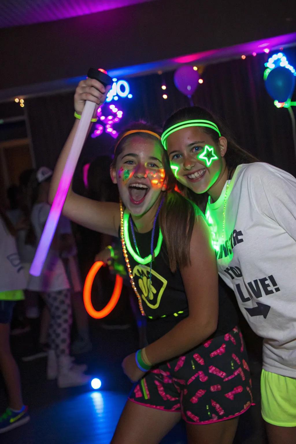 Teens enjoying a radiant celebration with vibrant luminous effects.