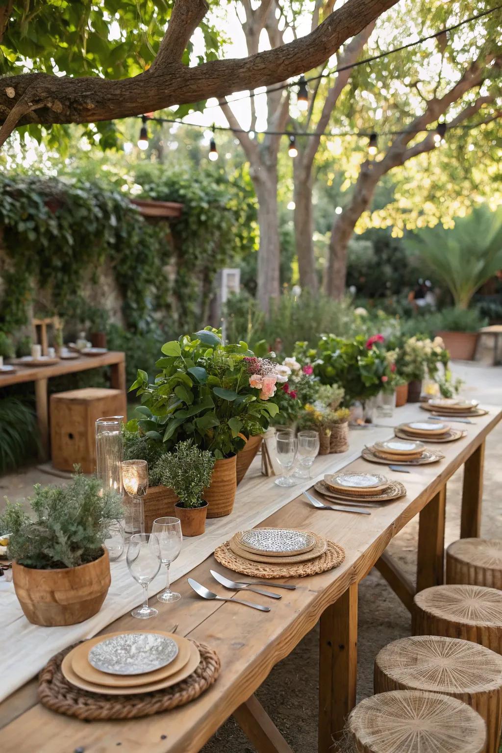 An inviting outdoor party table thoughtfully arranged with organic touches