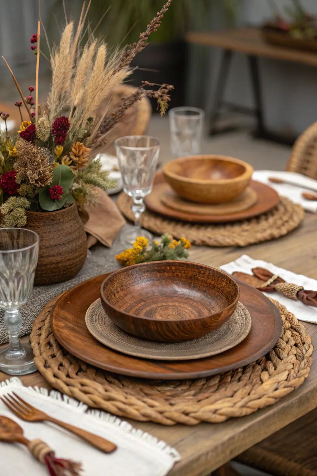 Timber accents bring countryside appeal to your table.