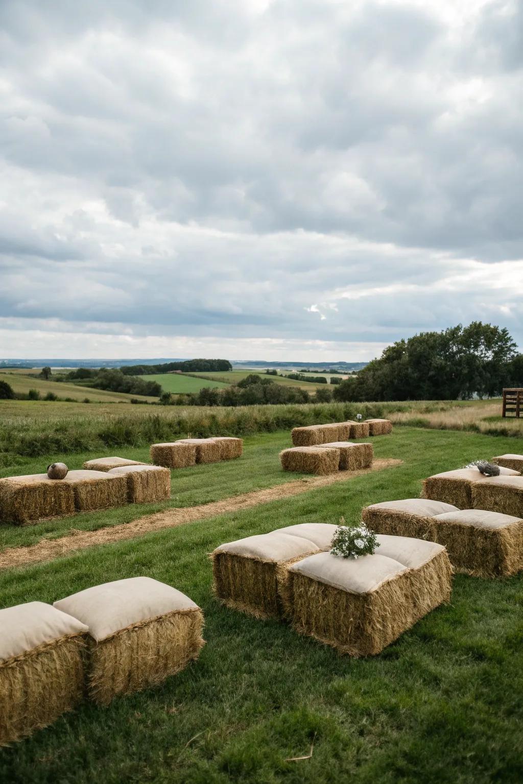 Rolled hay arranged for seating in the pasture.